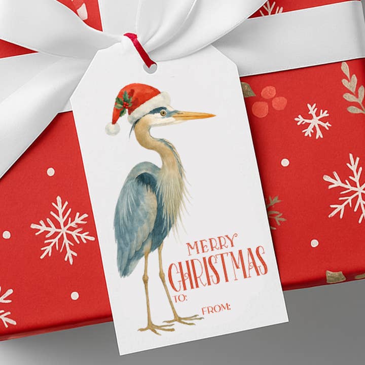 Great Blue Heron in Santa Hat Christmas Gift Tags for wholesale by Design Carolinas