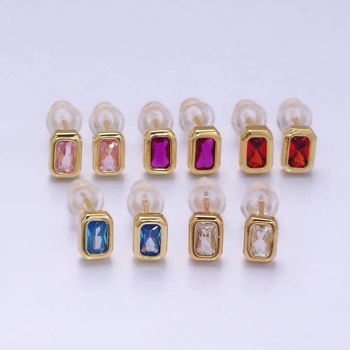 Aim Eternal - Wholesale Stud/Post Earrings - 14K Gold Filled Blue, Clear, Fuchsia, Red, Pink Multifaceted Baguette CZ Bezel Stud Earrings | AD-448~AD-4527