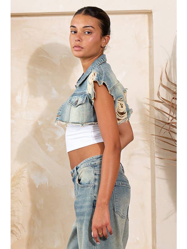 Vintage Wash Vintage bolero-jack van gerafeld denim zonder mouwen voor groothandel op Faire