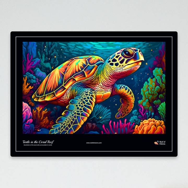 Turtle in the Coral Reef UV Blacklight Tapestry for wholesale by Reef of Clowns