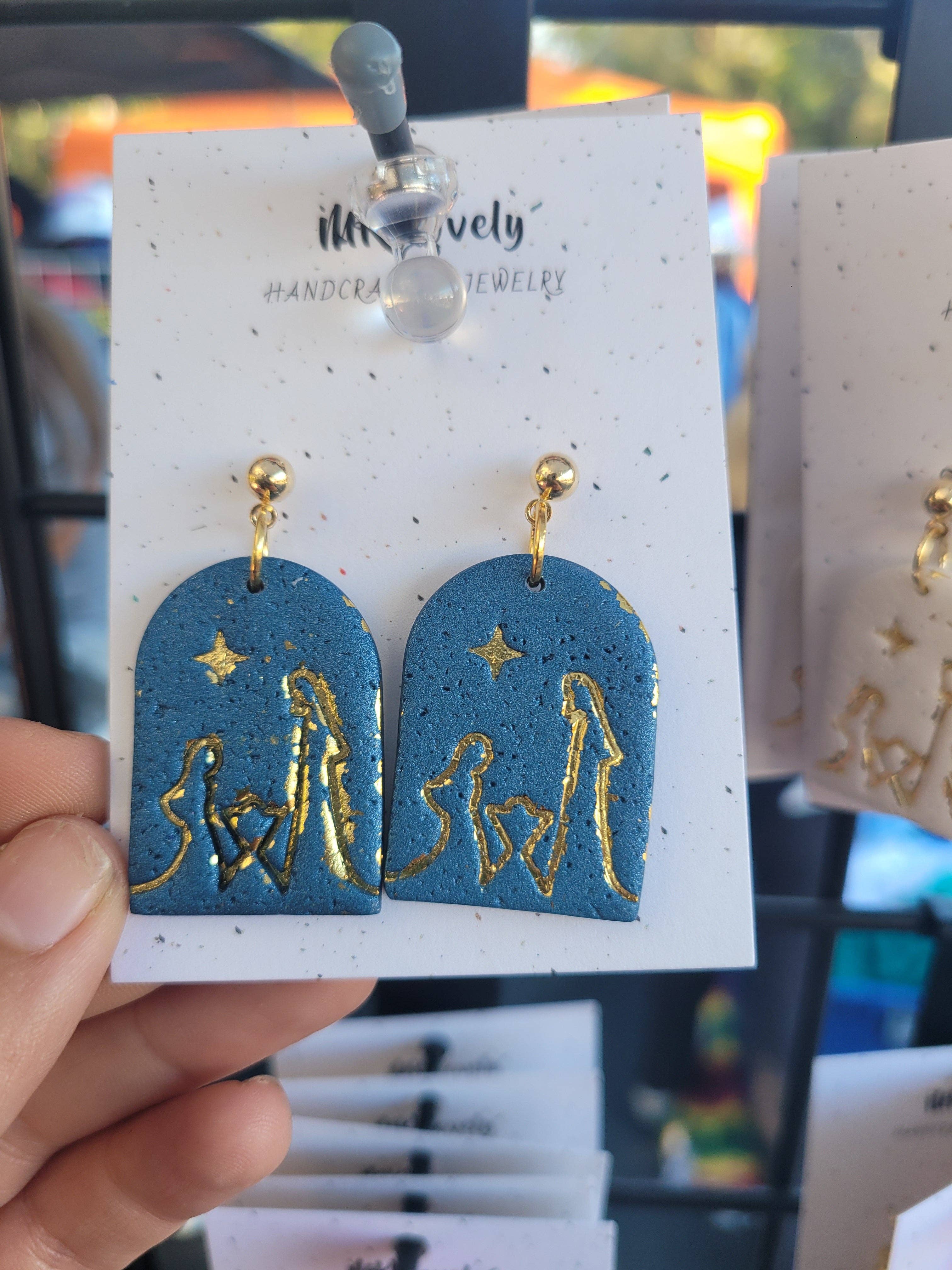 MK Lovely Boutique - Wholesale Dangle Earrings - Gold Foiled Manger Scene Drops1