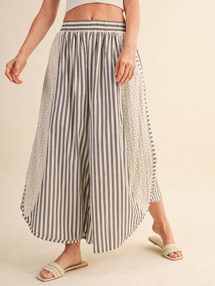 IP1411 STRIPED DOLPHIN HEM WIDE PANTS WITH EYELET LACE for wholesale by Klesis