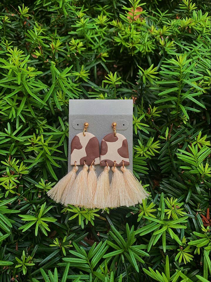 Boho Cow Print Tassel Dangles for wholesale by Polymearrings Jewelry Co.