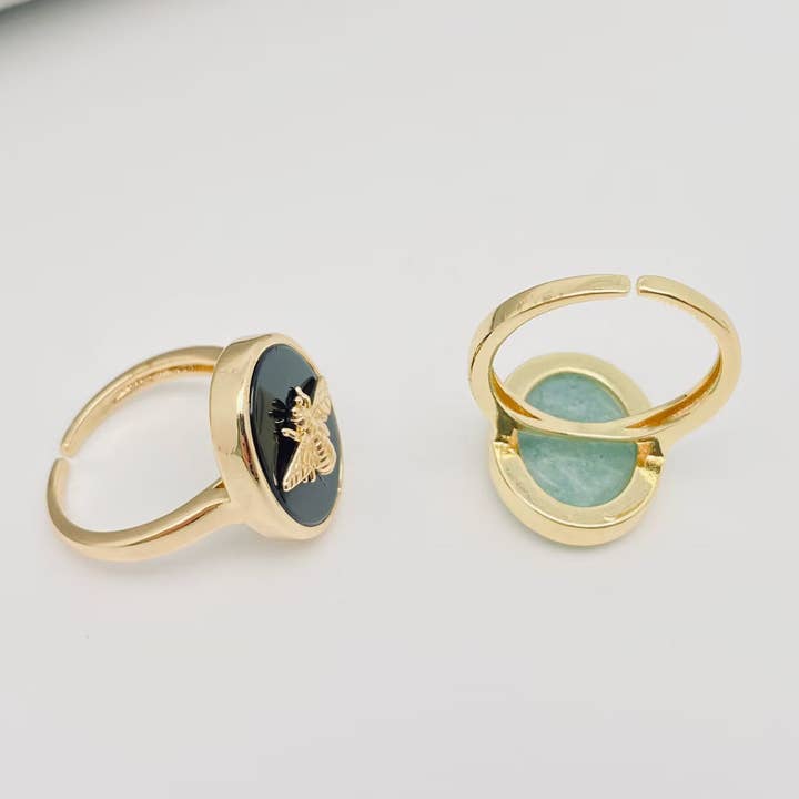 Mio Queena - Wholesale Cocktail/Statement Ring - Natural Stone Golden Bee Opening Adjustable Ring - CS