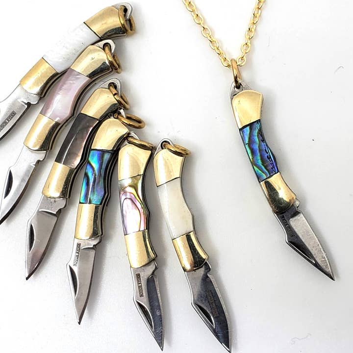 Miniature Knife Necklace Abalone Pearl Bone Brass Chain for wholesale by Terra Tokens