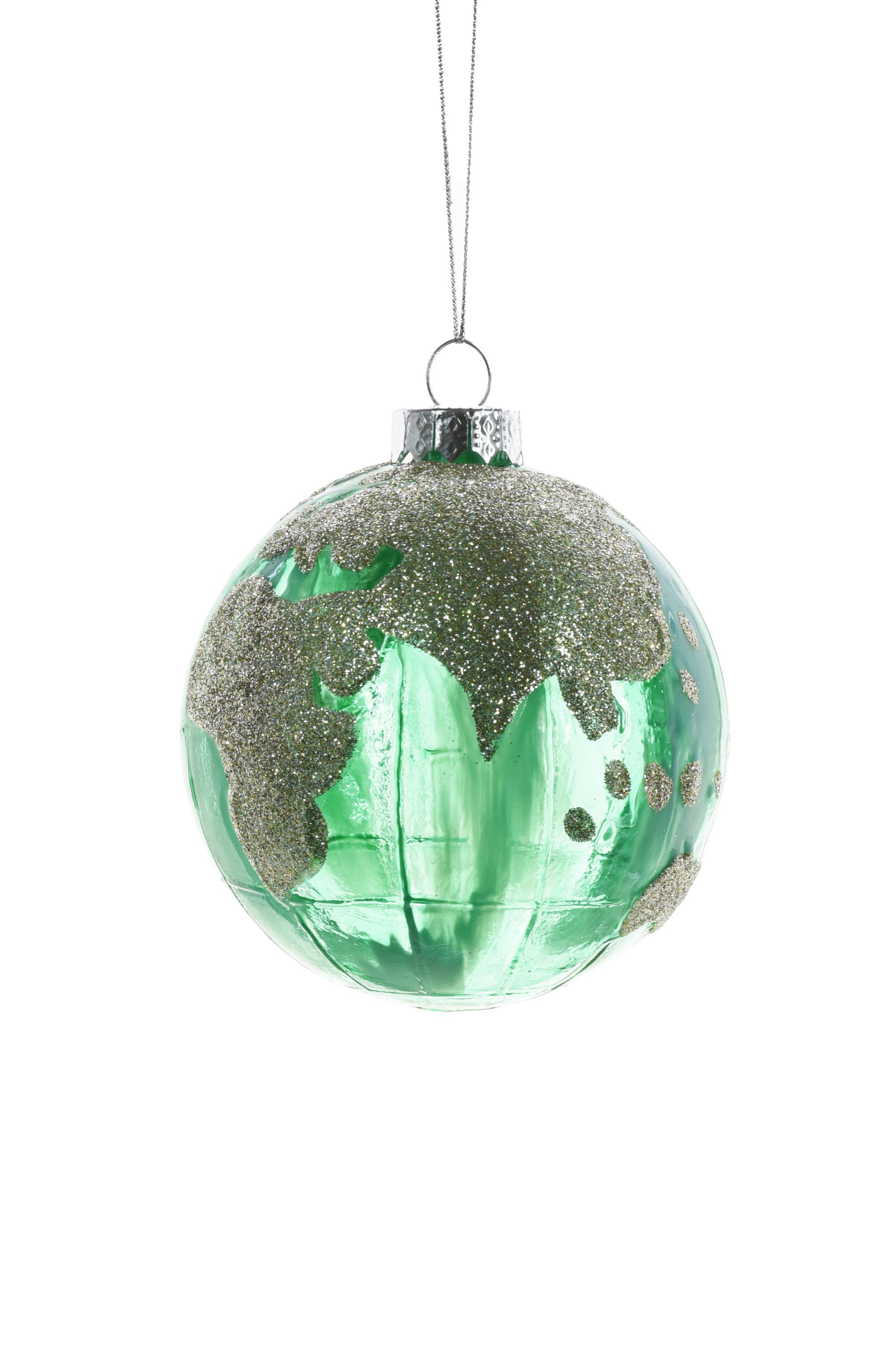 Starlight Collection - Wholesale Ornament - Green/Teal Globe Ornament with Glittered Silver Continents1