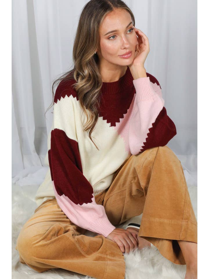 Vine & Love - Wholesale Knit Sweater - Women's - Color Block Round Neck Chunky Knitted Sweater Top VT810172