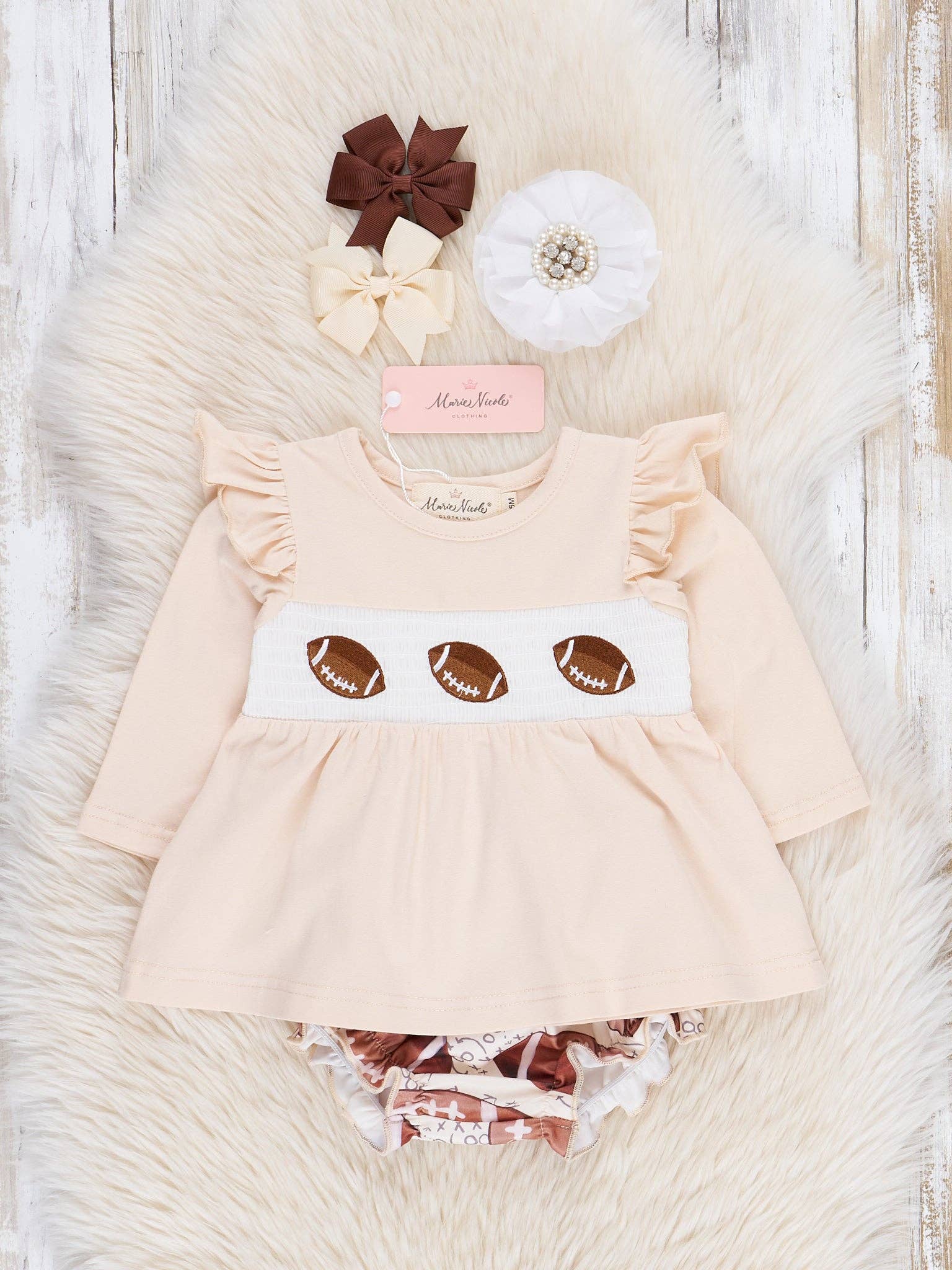 Marie Nicole Clothing - Wholesale Clothing Set - Baby - Tan Football Time Smocked Bloomers Outfit0