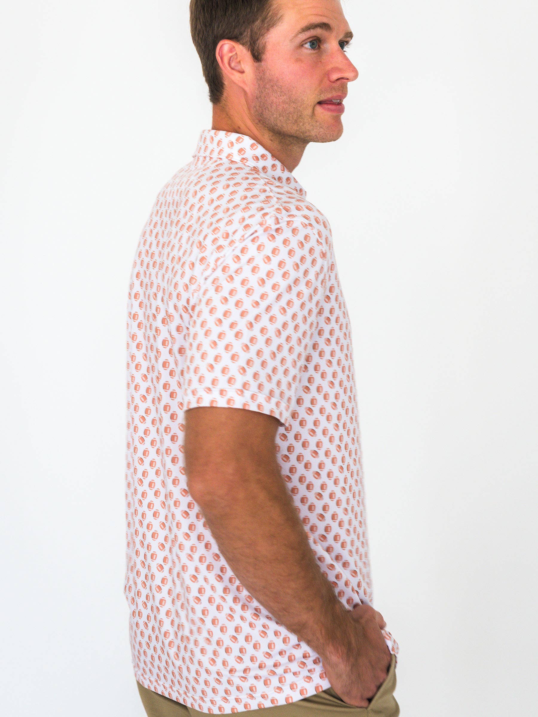 White Men's Football Frenzy Knit Short Sleeve Performance Polo for wholesale on Faire3