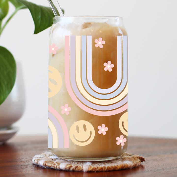Pastel Smiles and Rainbows Beer Can Glass for wholesale by Charlotte Nadine Creations