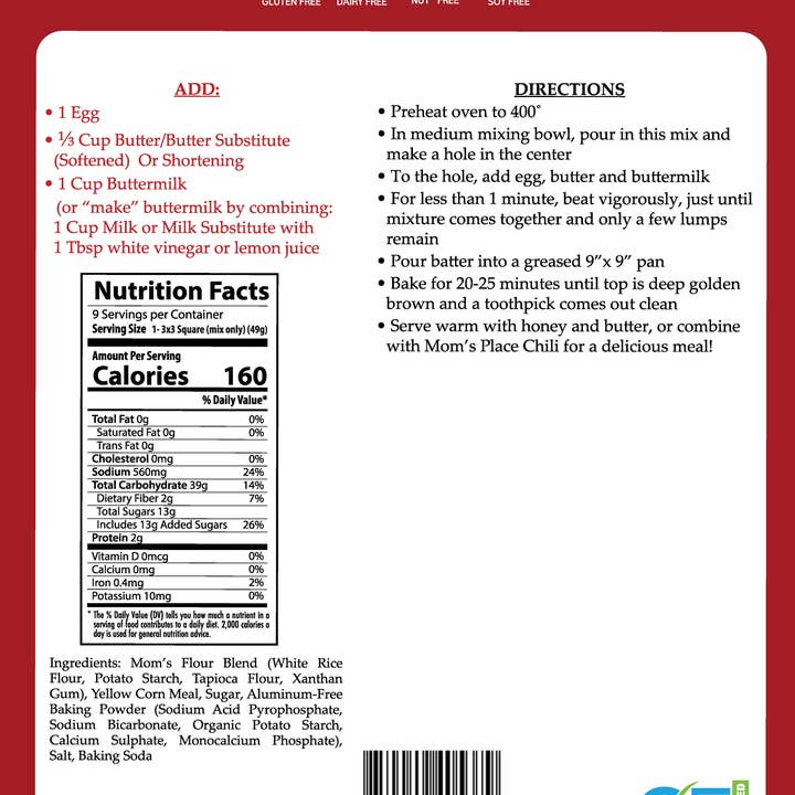 Mom's Place Gluten Free - Wholesale Bread Mix - Gluten-Free Corn Bread Mix