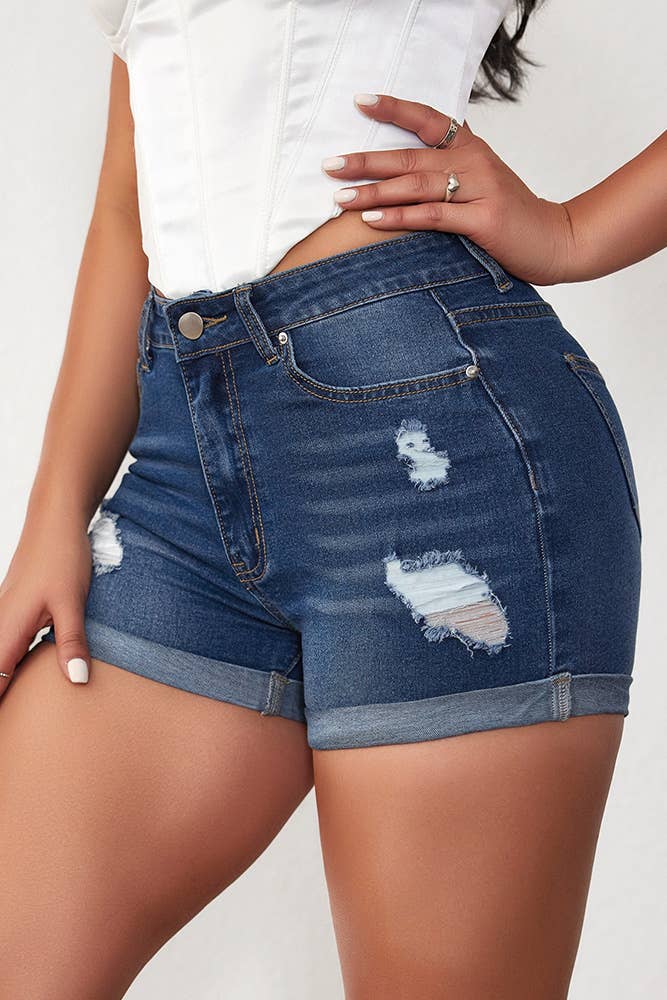 fhm　ジェイミーリン Wholesale Blue Ripped Fold Hem Denim Short XYK035 for your
