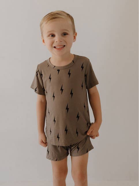 Bamboo Short Set | Brown & Black Lightning Bolt for wholesale by Forever French Baby