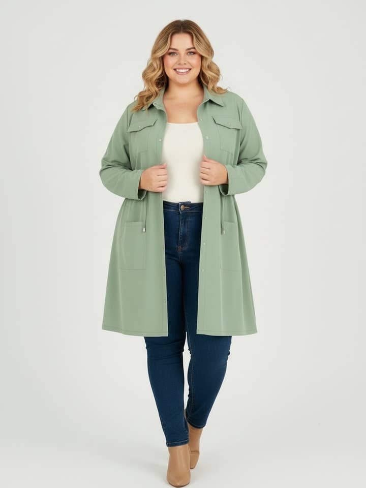 Green plus-size jacket-dress (C6525) for wholesale by Pomme Rouge Paris