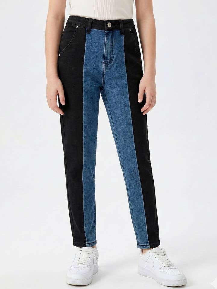 Jean droit bicolore à taille haute et ajustable pour fille pour la vente par MINI MIGNON PARIS