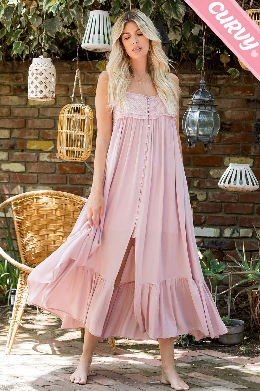 Sweet Lovely by Jen – Großhandel Kleid – Damen – MAXIKLEID AUS SEIDE MIT GESMOKTEM BUTTON-DOWN IN ÜBERGRÖSSE5