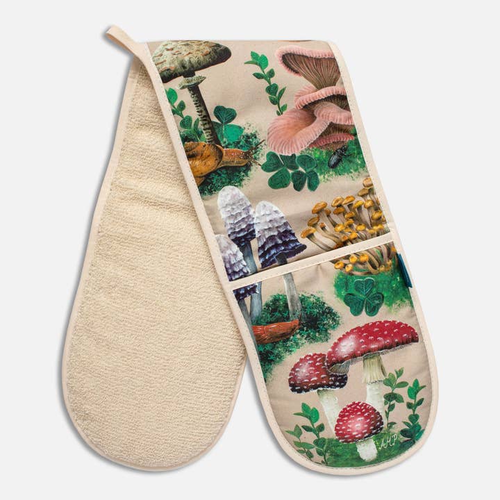 Double oven gloves with mushroom pattern / Fungi pattern for wholesale by AMPellegrini Art & Design