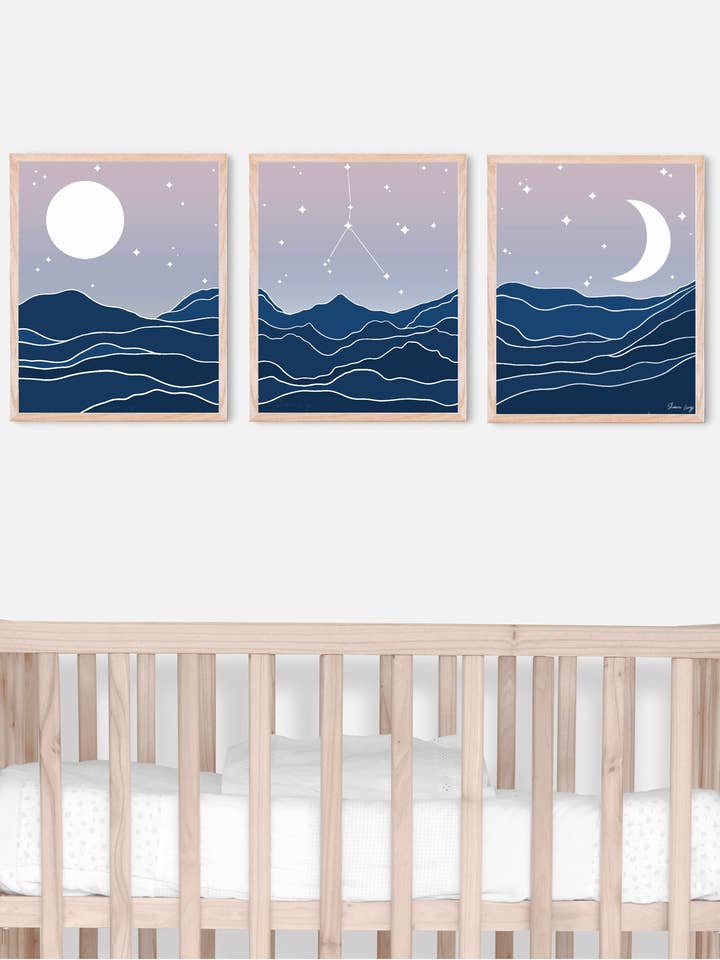 Sunset moon trio Cancer illustration giclee art prints for wholesale by Sheena lange Illustrations