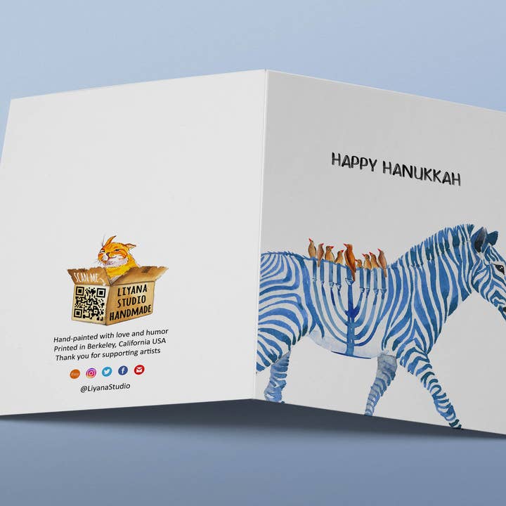 Liyana Studio - Vente Cartes de Hanoukka - Zebra Menorah - Carte de Hanoukka drôle
