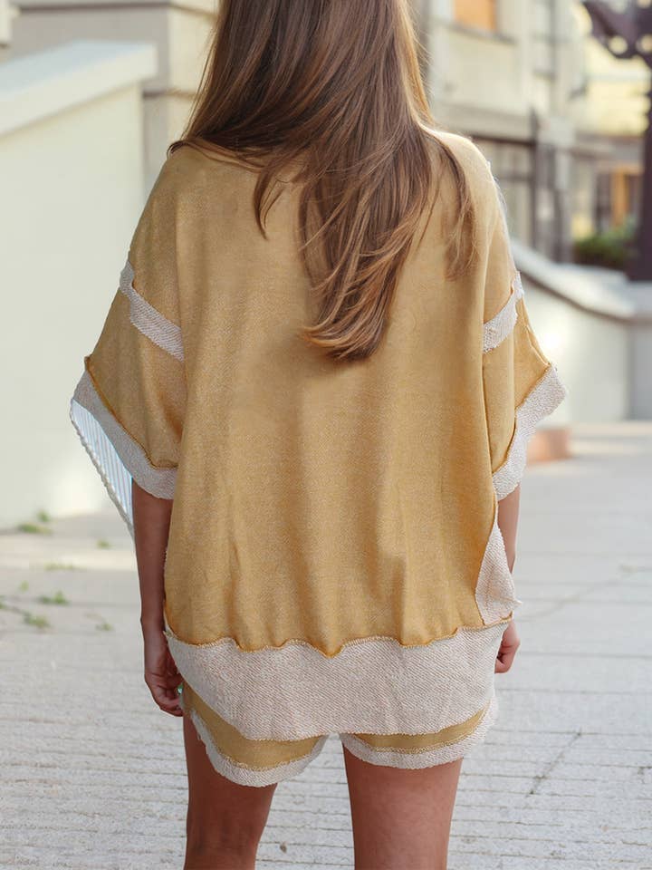Beige Color Contrast Half Sleeve T Shirt and Drawstring Shorts Set for wholesale on Faire