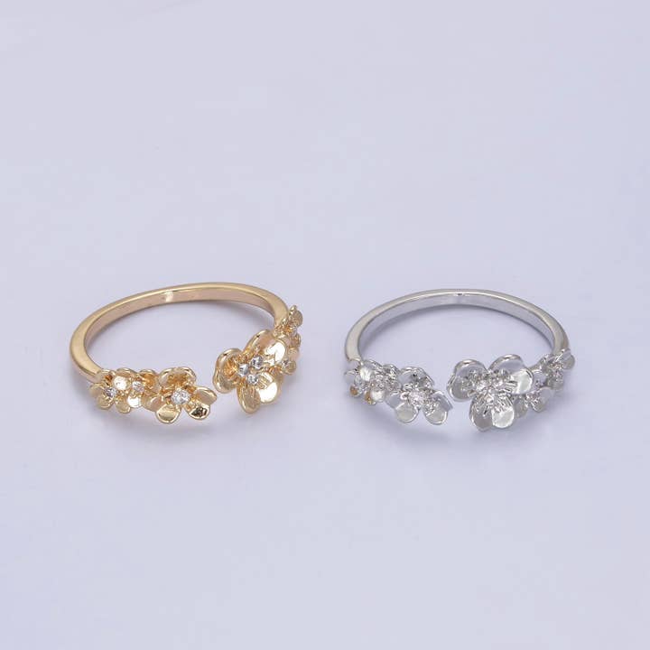 Dainty Micro Pave Gold/Silver Floral Adjustable Open Ring for wholesale by Aim Eternal