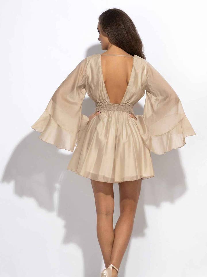 Fashion Roots - Wholesale Dress - Women's - SHORT LYOCELL DRESS WITH WIDE SLEEVES IN BEIGE - ESSENTIALS0