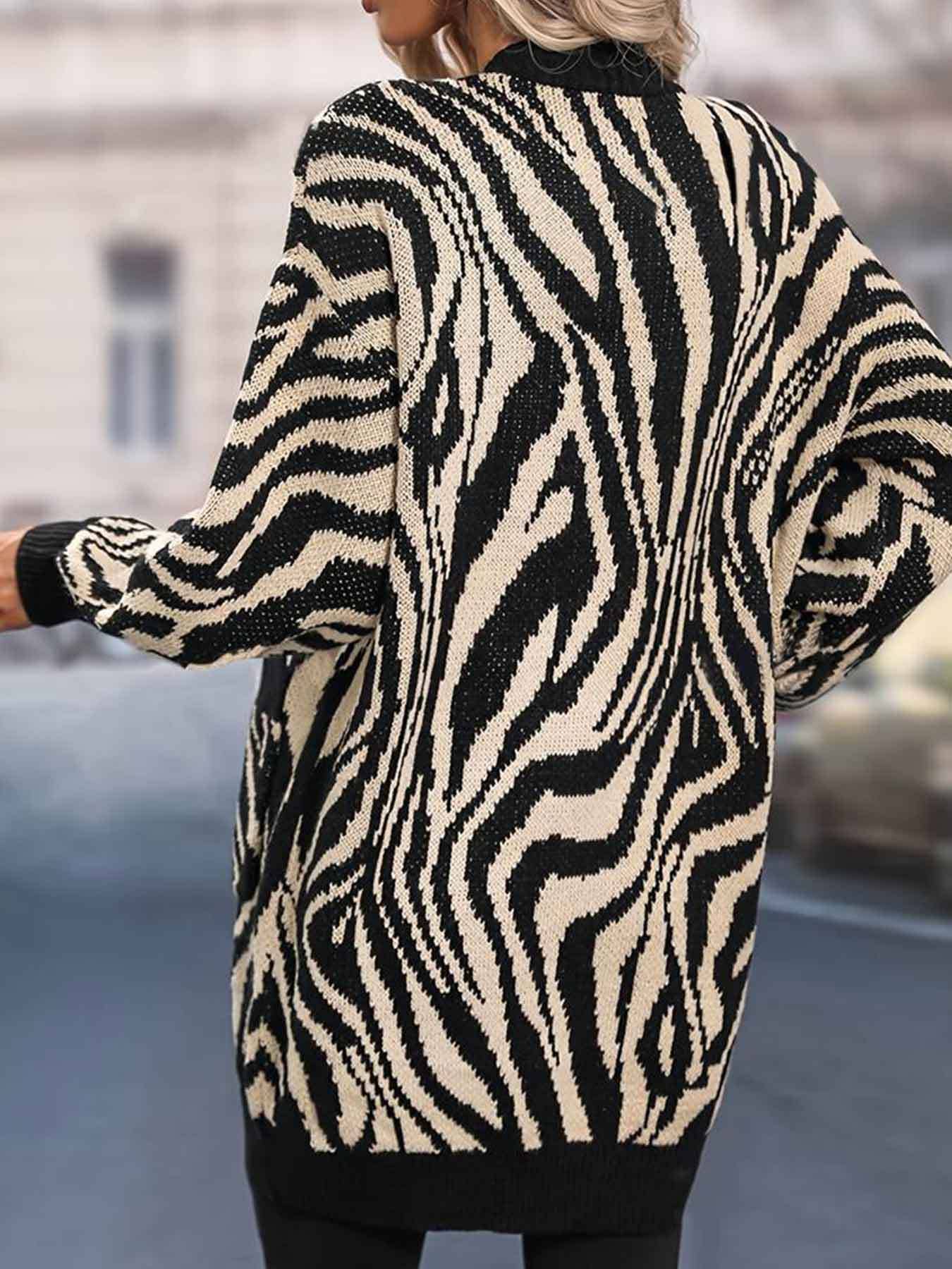 BLACK V-neck zebra print long unbuttoned cardigan for wholesale on Faire5