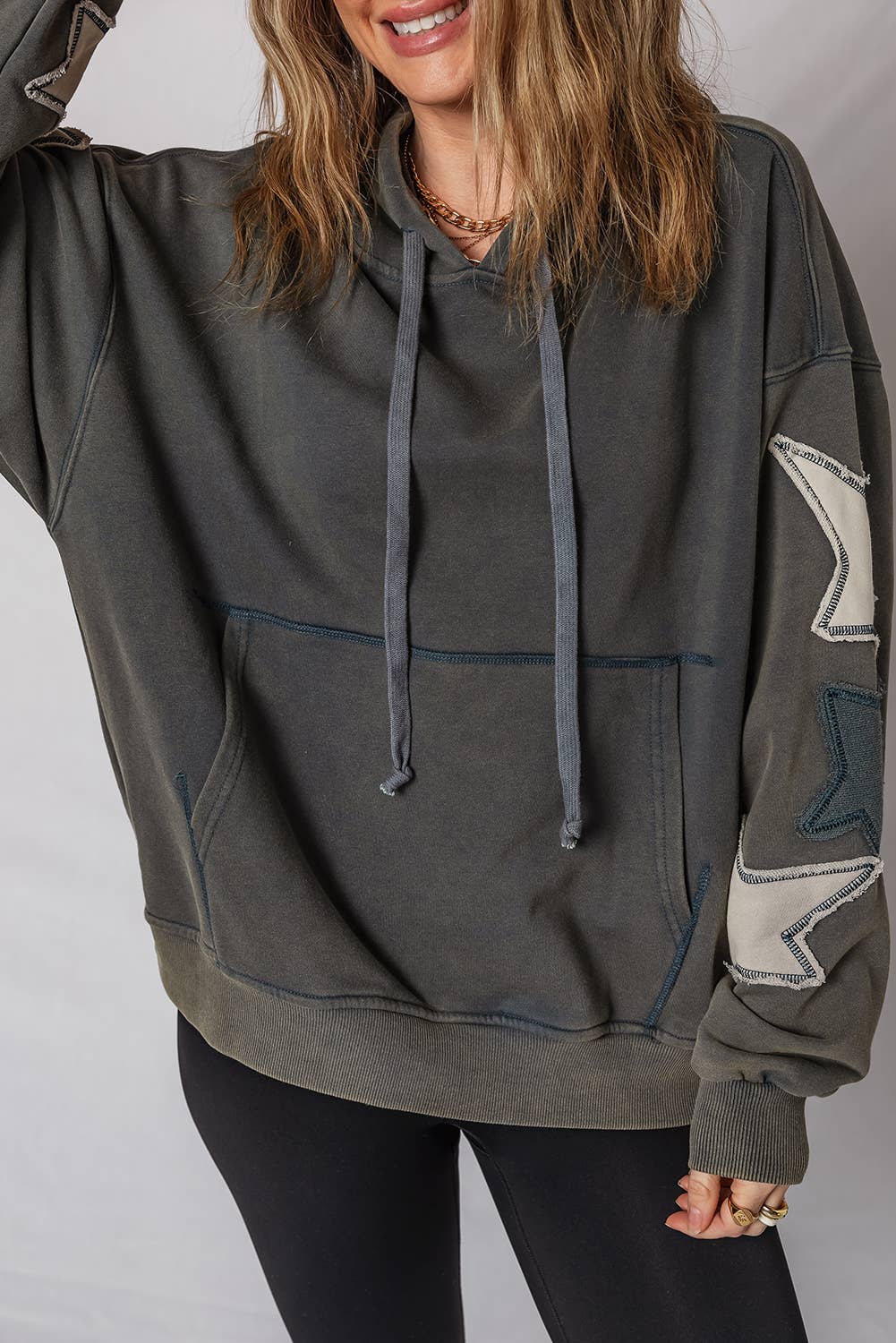 Gris Carbone LDC Star Patchwork Contrasté Couture Poche Vintage Hoodie en vente sur Faire2