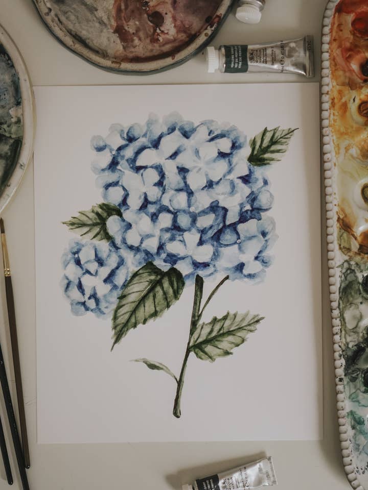 Blue Hydrangea Watercolor Art Print for wholesale by MacaelaMade