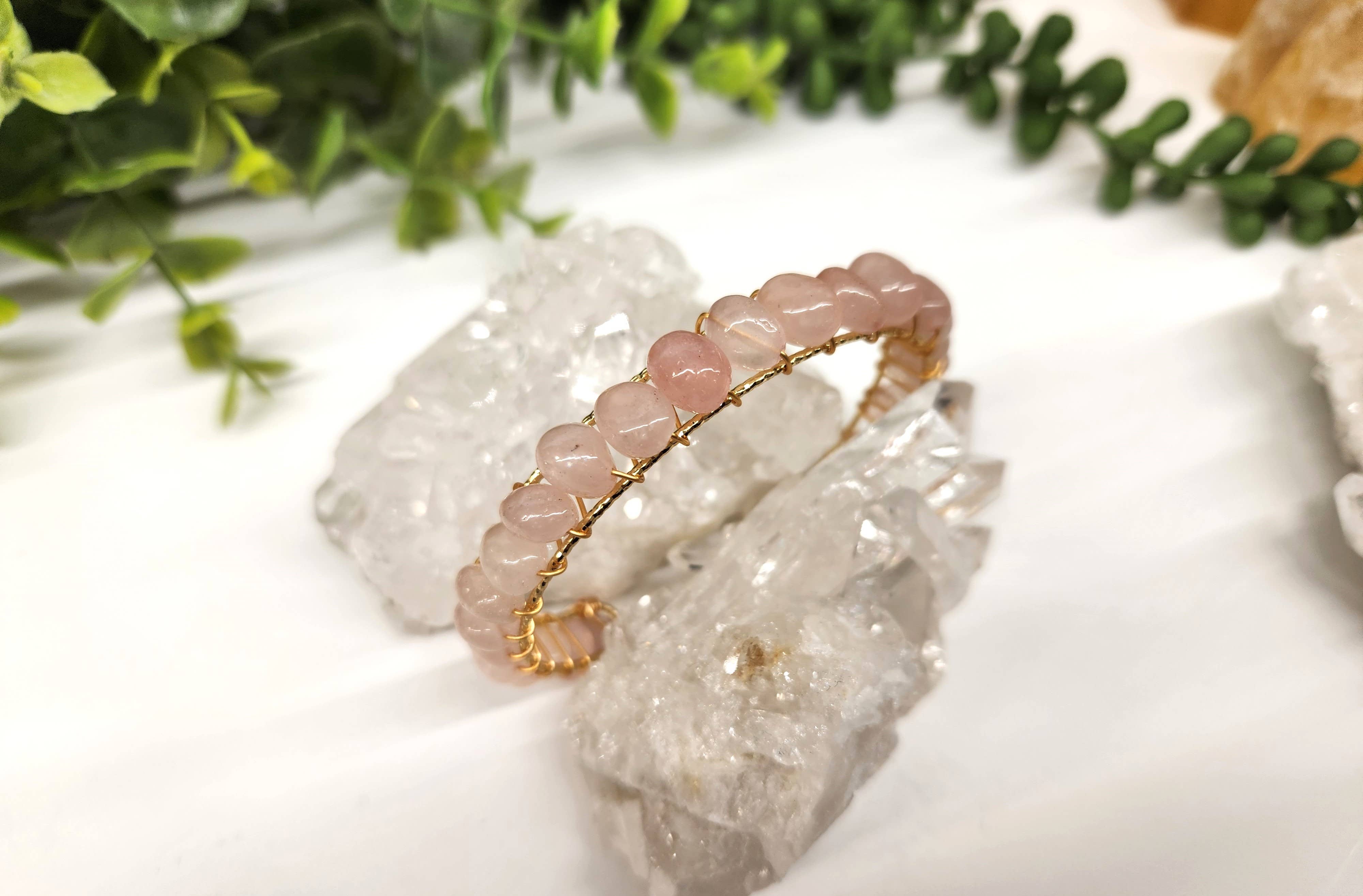 Meraki Gemstones - Wholesale Cuff Bracelet - Rose Quartz Bangle/Cuff/Wire Wrapped -18kt. Gold Overlay2