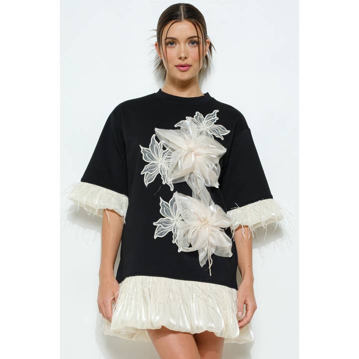 BLACK Bead Embellished Floral Applique Mini Dress for wholesale on Faire