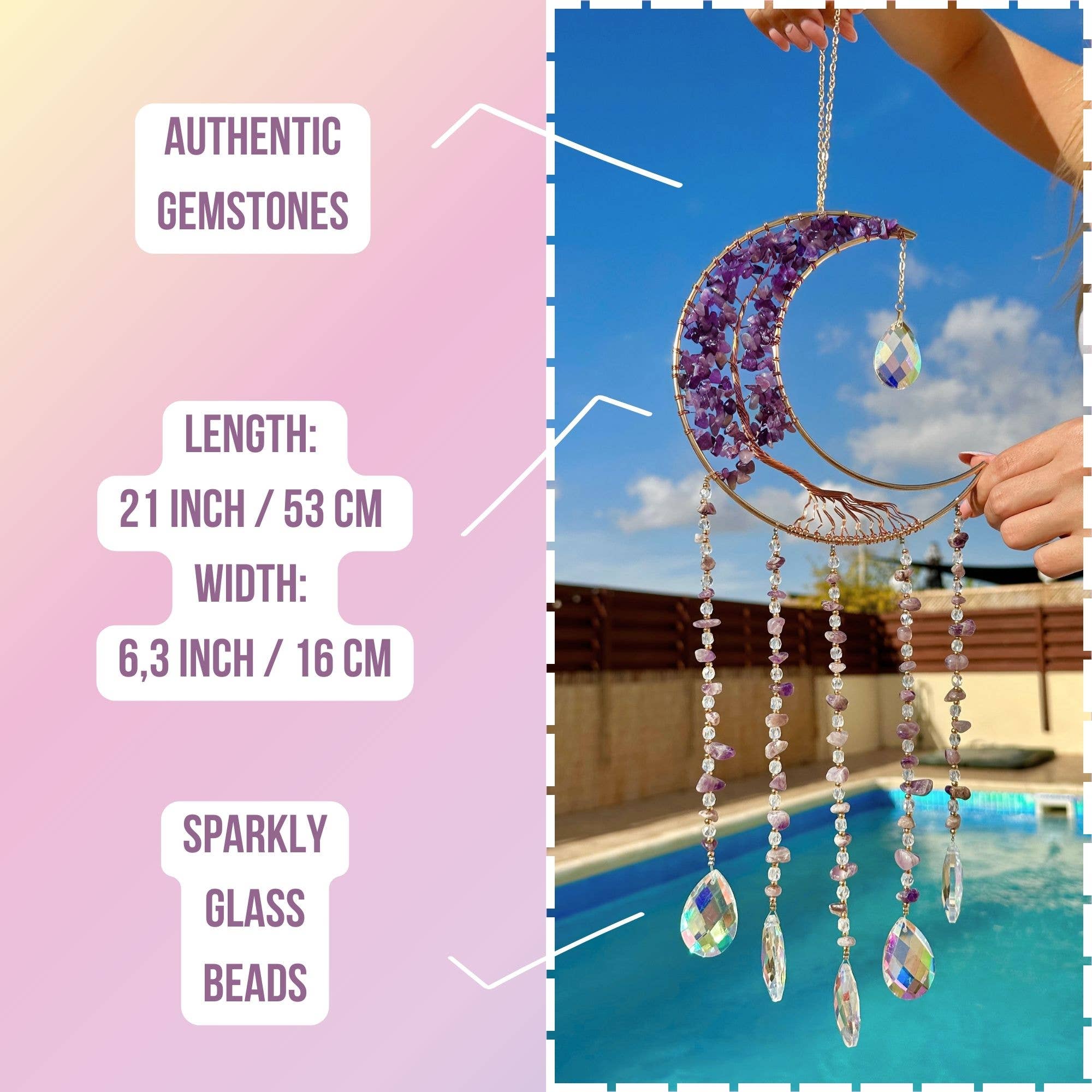 LilAryenne | Jewelry & Suncatchers - Vente Attrape-soleil - Lanceur de soleil Lune de cristal : Améthyste, Agate rouge, Quartz rose - Cadeau3