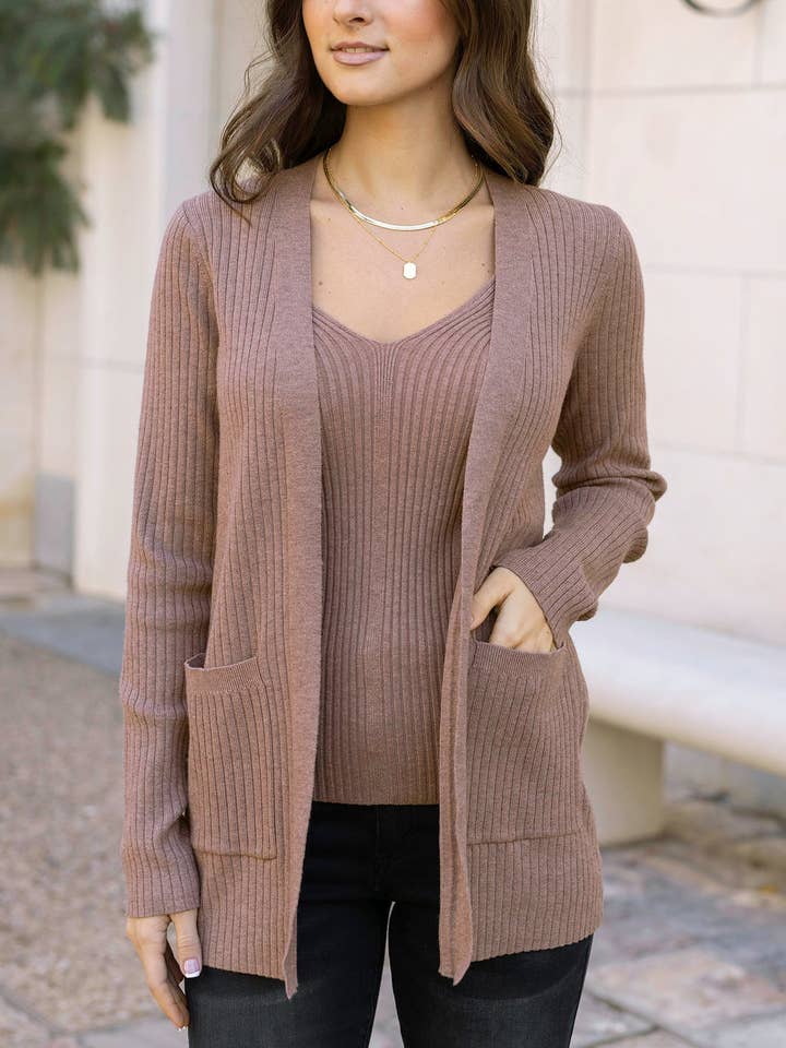 Ribbed Knit Cardigan in Latte for wholesale by Grace and Lace