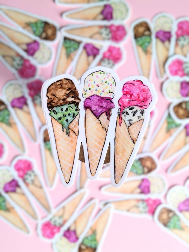 Double Scoop Colorful Ice Cream Cones Vinyl Sticker for wholesale by Laura Jane Kirton