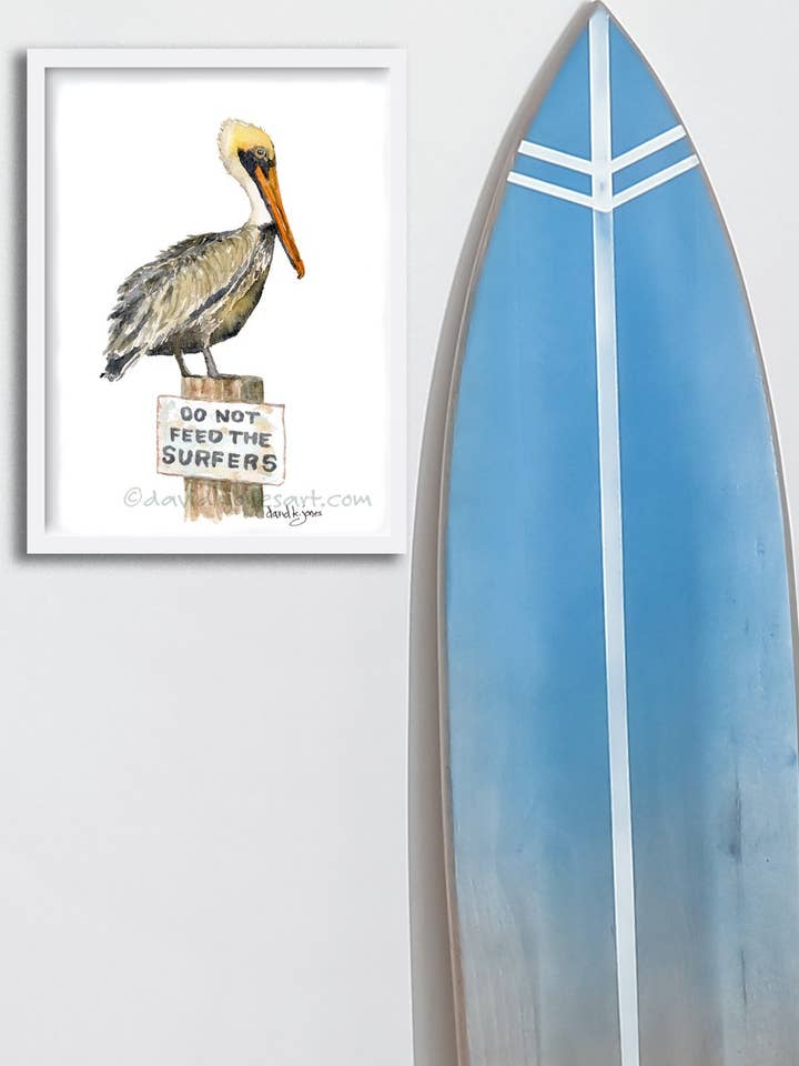 "Do Not Feed The Surfers" (Fun beach house art print) for wholesale by davidkjonesart