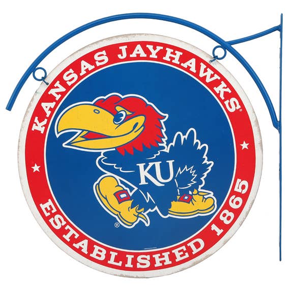 University of Kansas Jayhawk Flanged Metal Sign for wholesale by Open Road Brands, LLC