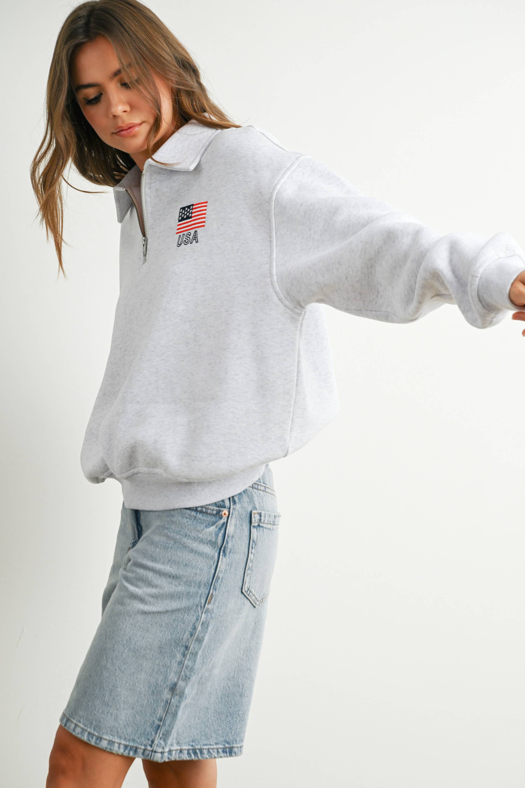 BUTTERMELON - Wholesale Sweatshirt - Women's - Loose Collared Quarter-Zip Top - BMT77945