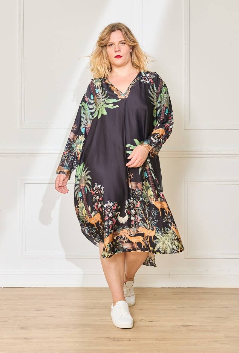 Black Plus Size - Flowing Dress with Tropical Print for wholesale on Faire0
