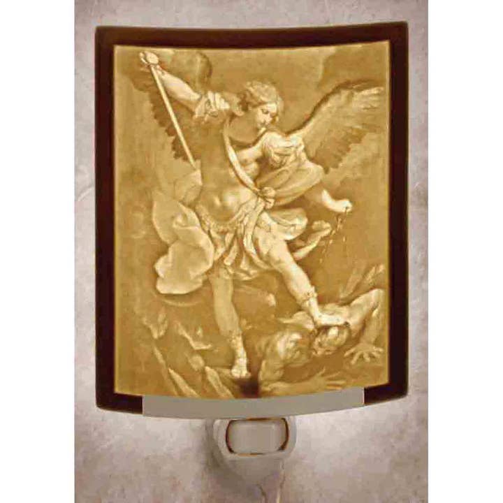 St Michael Porcelain Lithophane Night Light for wholesale by The Porcelain Garden Inc.