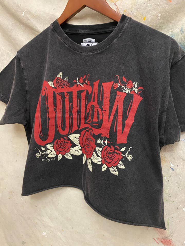 Country Deep Apparel - Wholesale Screen Printed T-Shirt - Women's - Outlaw Relaxed Cropped Acid wash T-shirt 3