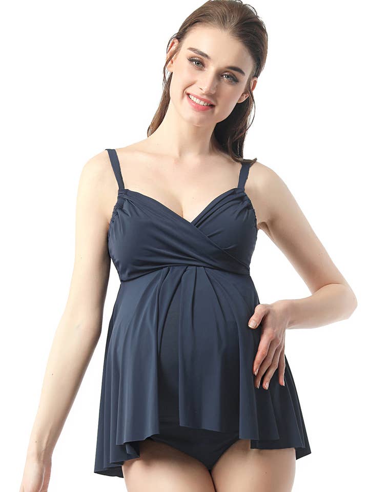 Kimi + Kai Maternity "Ariana" Ruched Overlay One Piece Swim Bathing Suit Slate Blue for wholesale by Kimi and Kai