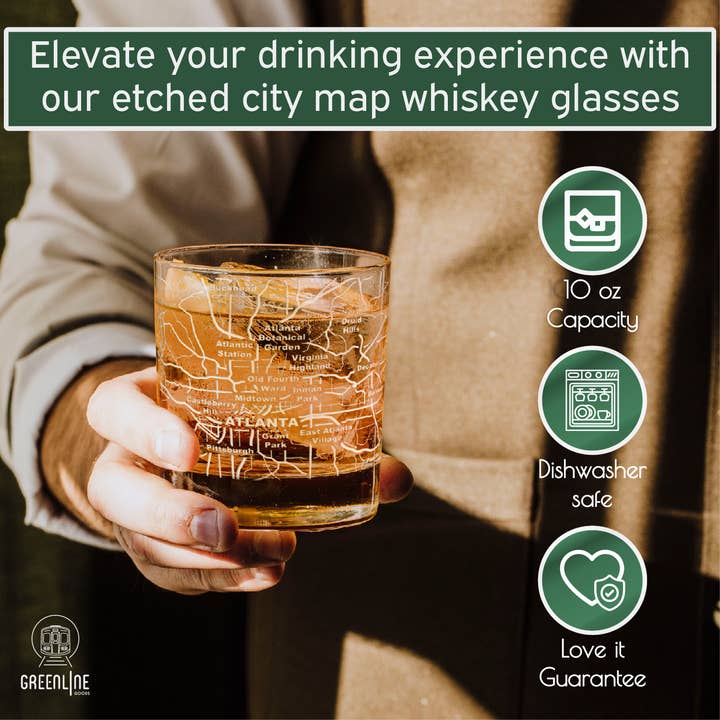 Greenline Goods - Wholesale Cocktail/Liquor Glass - Atlanta Etched Street Grid Whiskey Glasses