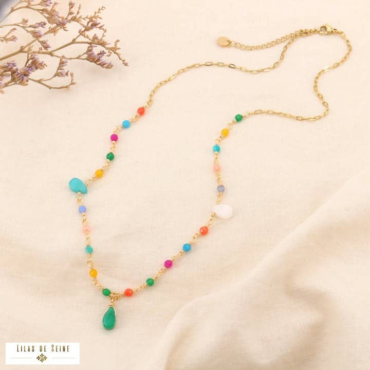 Edelstahl-Halskette mit Tropfen und Natursteinperlen für Damen 0124129 für den Großhandel von Lilas de Seine