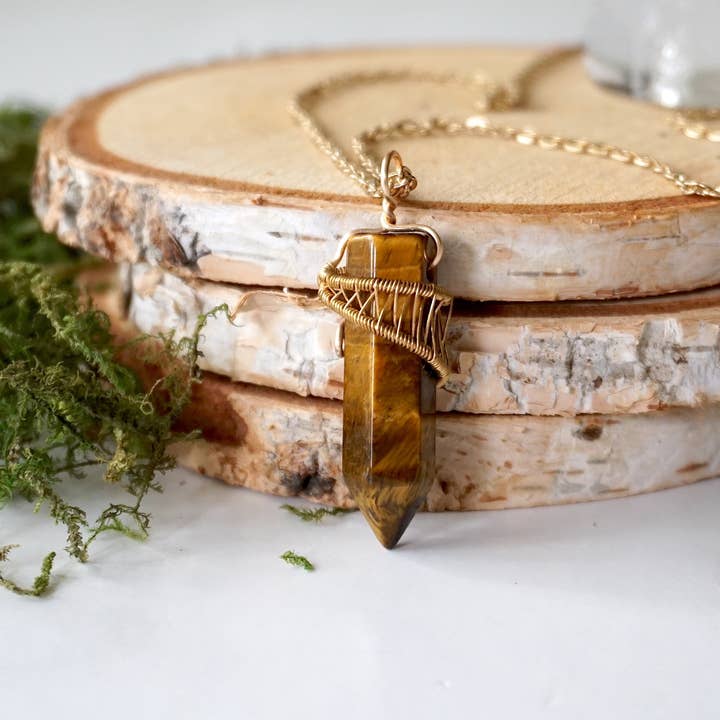 Tiger's Eye Necklace, June Birthstone, Crystal Point Jewelry for wholesale by Raw Stone Elegance