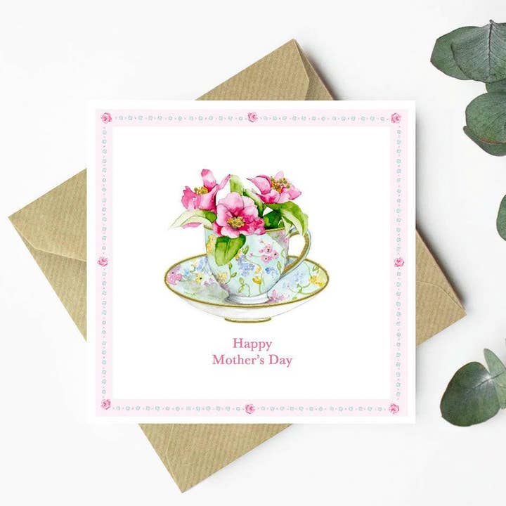 Carte de vœux pour la fête des mères – Design de tasse à thé florale | Luxe avec dorure & Écologique pour la vente par Crumble & Core