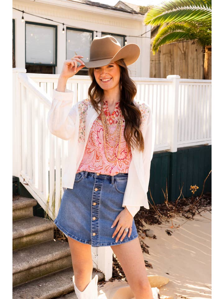 Button-Up with Embroidered Yoke, White for wholesale on Faire