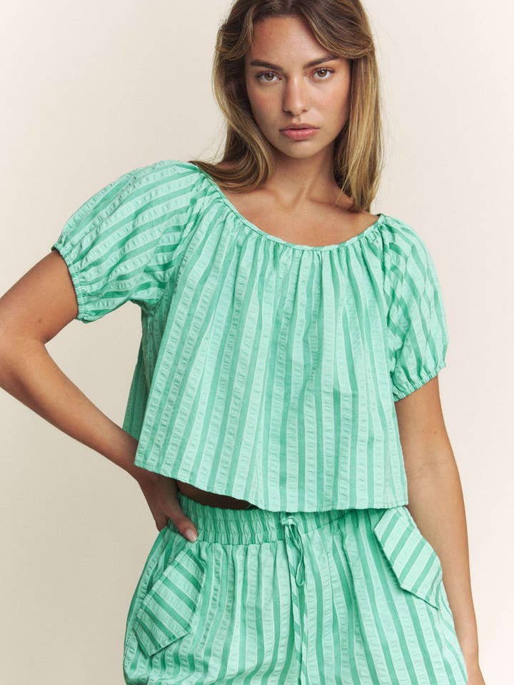 GREEN STRIPED ROUND NECK AND MATCHING SHORTS SET for wholesale on Faire