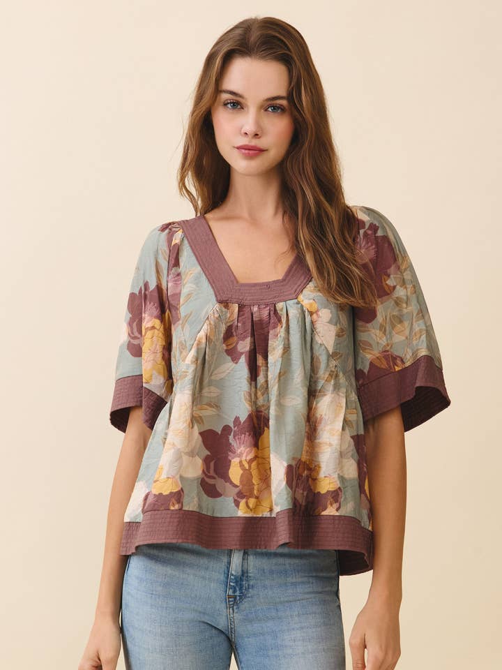 CT9670-Floral Print Wide Contrast Trim Smocked Back Top for wholesale by TCEC