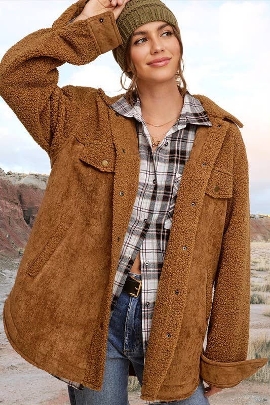 La Miel - Vente Veste – femme - JKT1790 - Veste boutonnée surdimensionnée en faux daim avec poches28