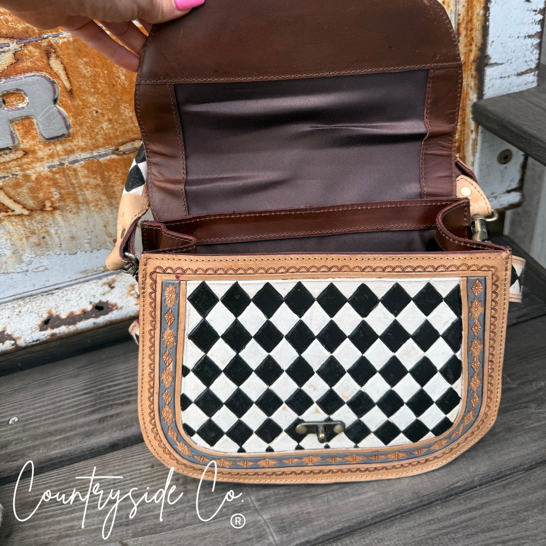 Texas Western Cowhide Bags and More - Wholesale Shoulder Bag - Women's - Zadie Tooled Leather Checkered Handbag, Hand Painted5
